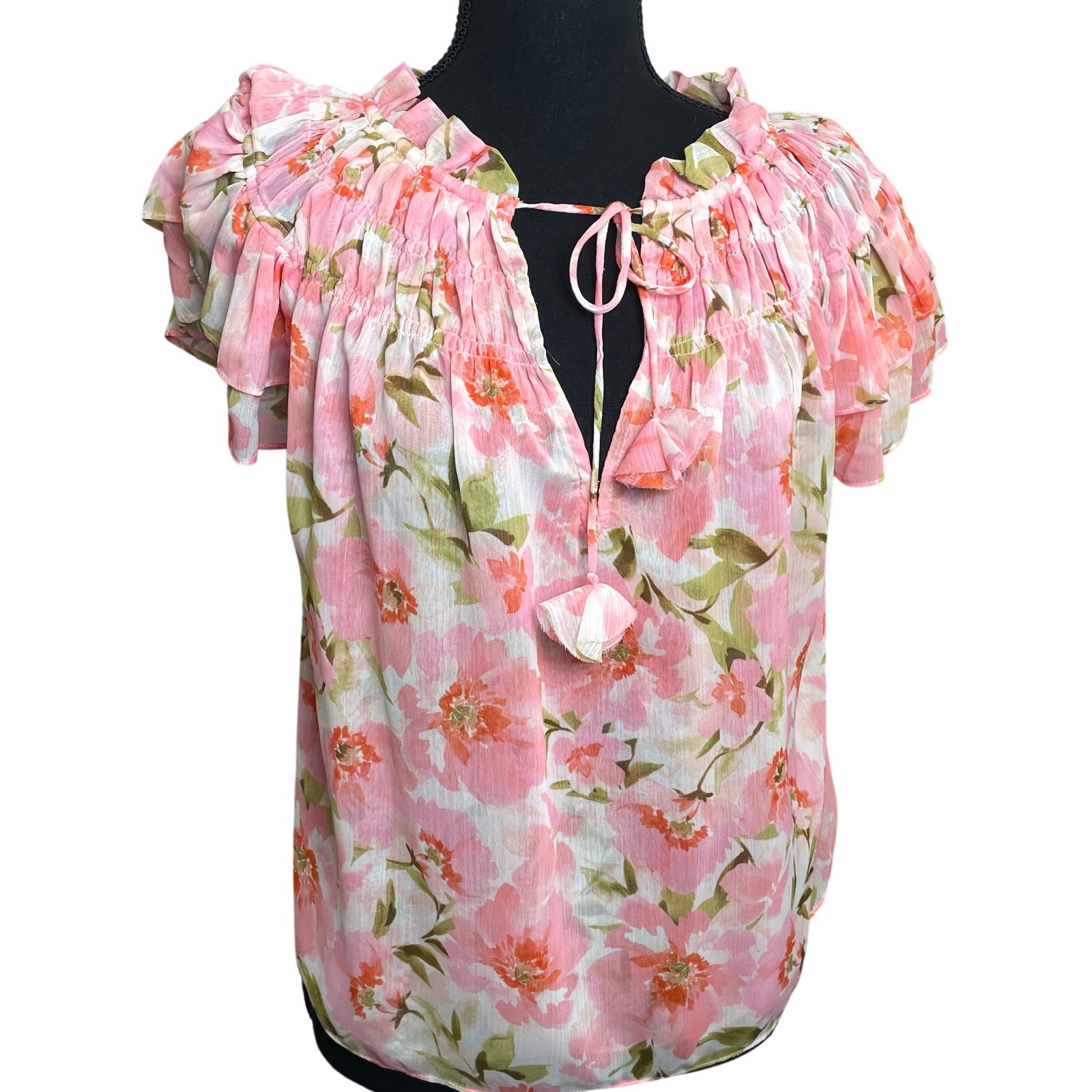 Misa Los Angeles Pink Coral Floral Ruffle Sleeve Chiffon Blouse Womens Size Xs